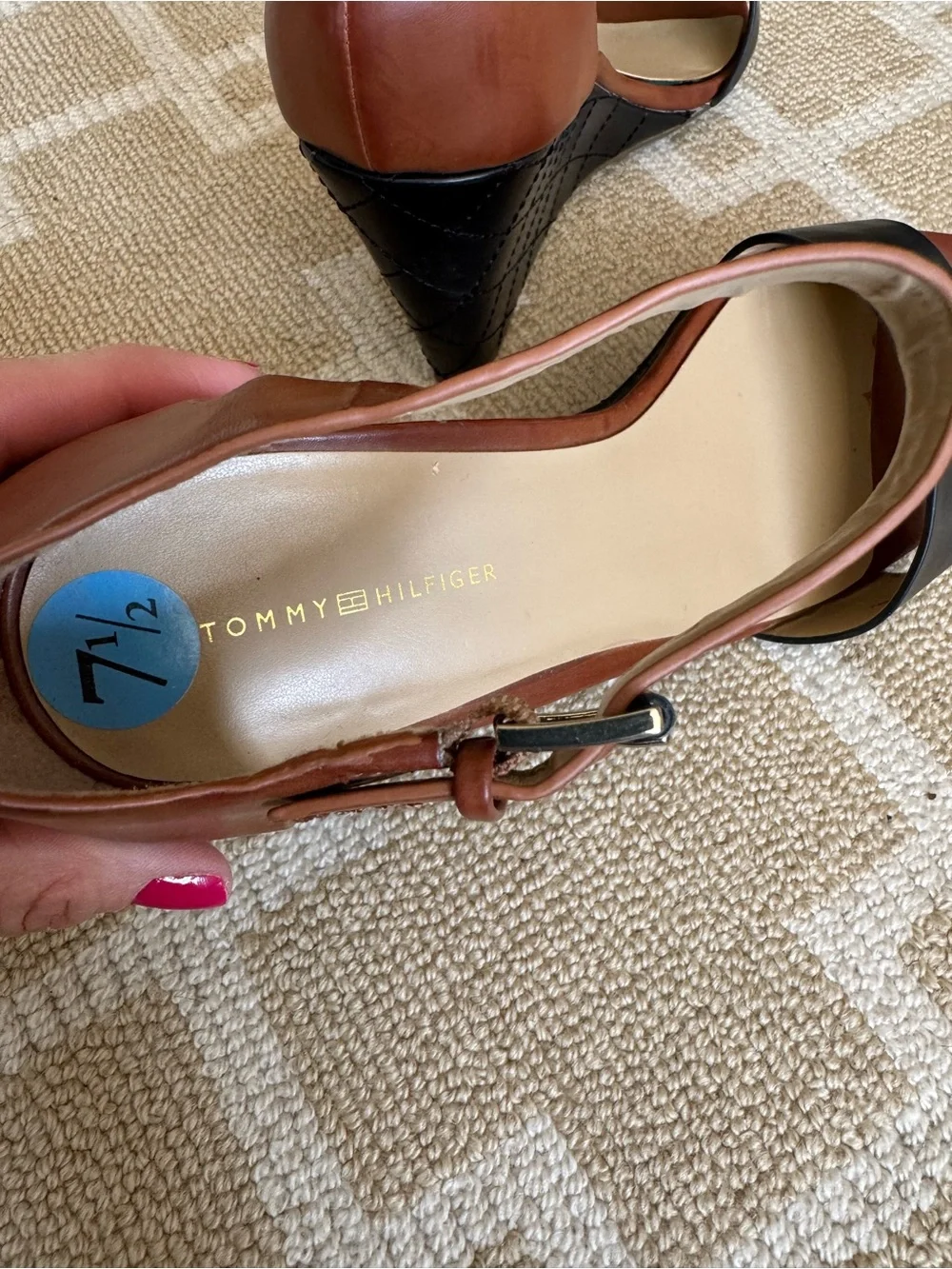 Tommy Hilfiger Ankle Strap Wedge Sandals Brown Black Leather Size 7.5